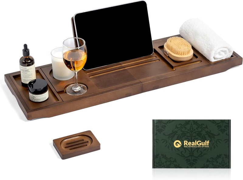 Realgulf Bamboo Bathtub Tray, Bath Caddy with Wine Glass Holder, Phone Dock & Book Stand | Hands-Free Reading & Ultimate Spa Relaxation Experience-Brown - Image 1